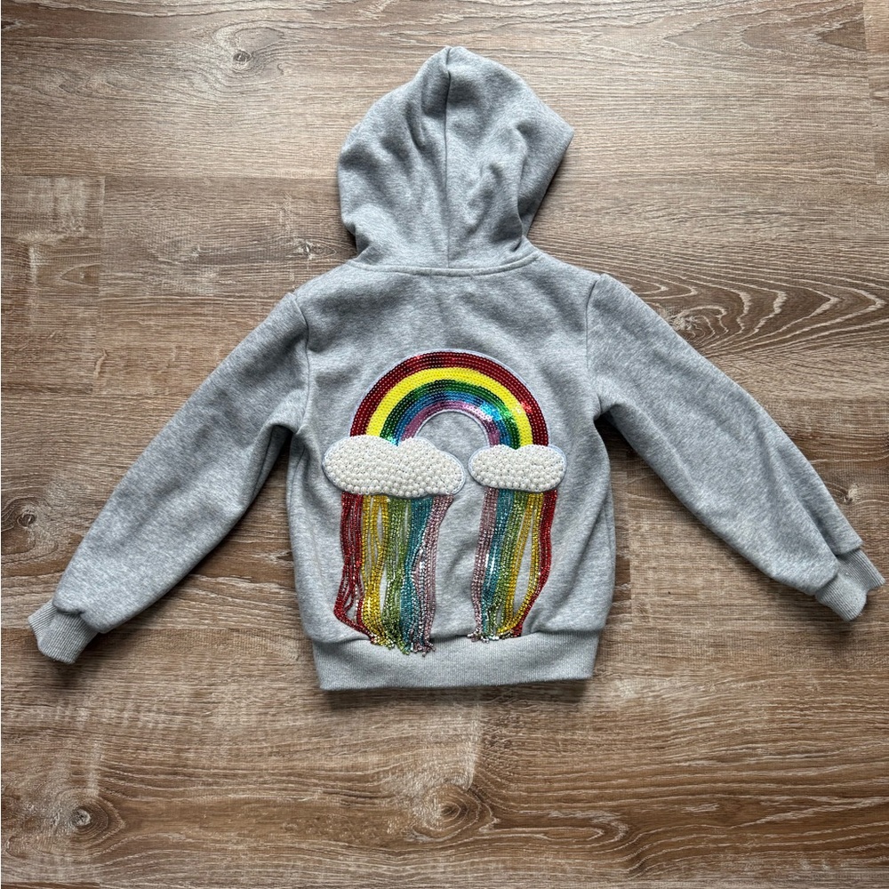 Lola + The Boys Gray Hoodie with Sequin Rainbow & Pearl Clouds